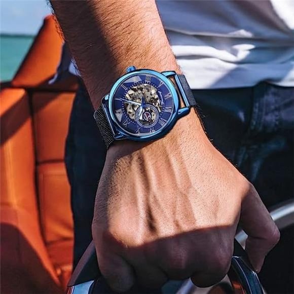 Men's Skeleton Watch Steampunk Watch Mechanical Watch for Men Minimalist, Blue - Picture 4 of 7